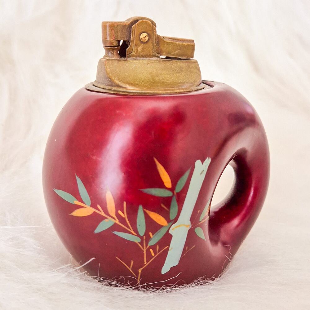 Vintage 1960s Japanese Red Lacquer Table Lighter Bamboo Design